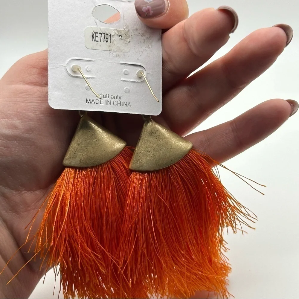 No. 3 Orange Genuine Leather Dangle Large Tassel Earrings Gold Tone Hook